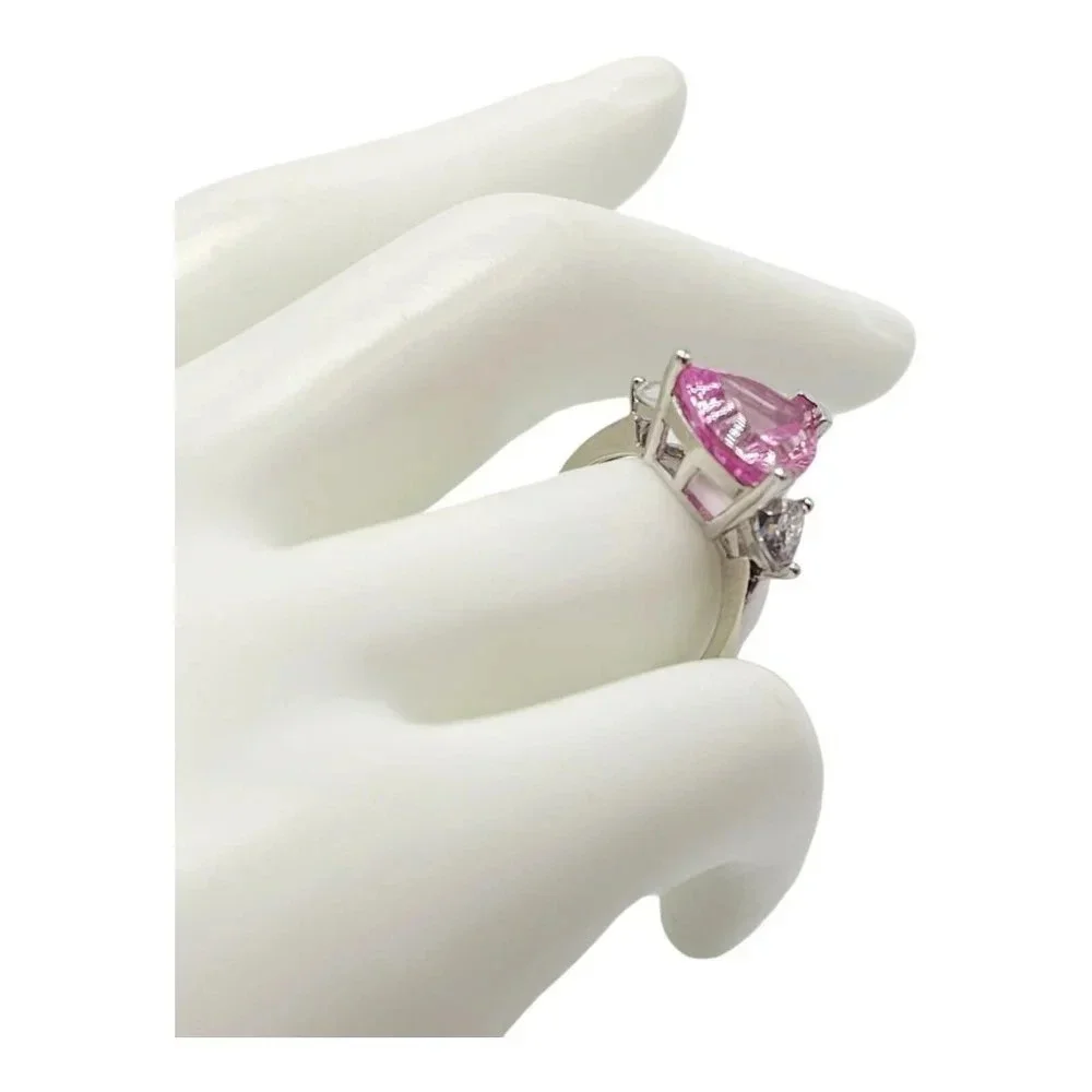 Sterling Silver .925 Lab Pink Sapphire CZ Triangle Cocktail Ring Size 6